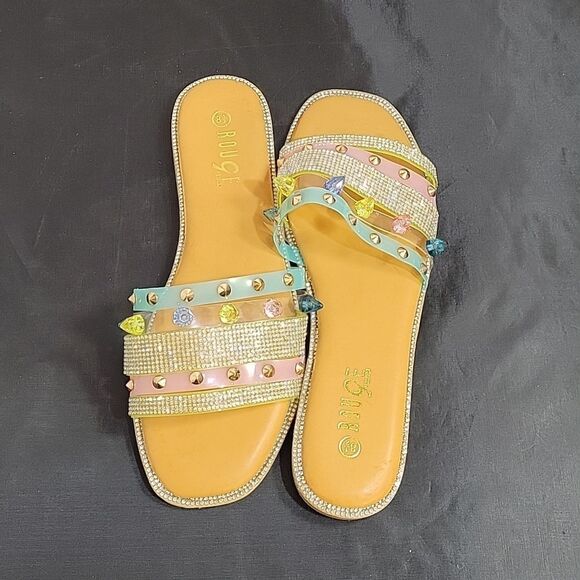 BRAND NEW ROUGE STUDDED RHINESTONES EMBELLISHMENTS SLIDE SANDAL - Picture 7 of 15